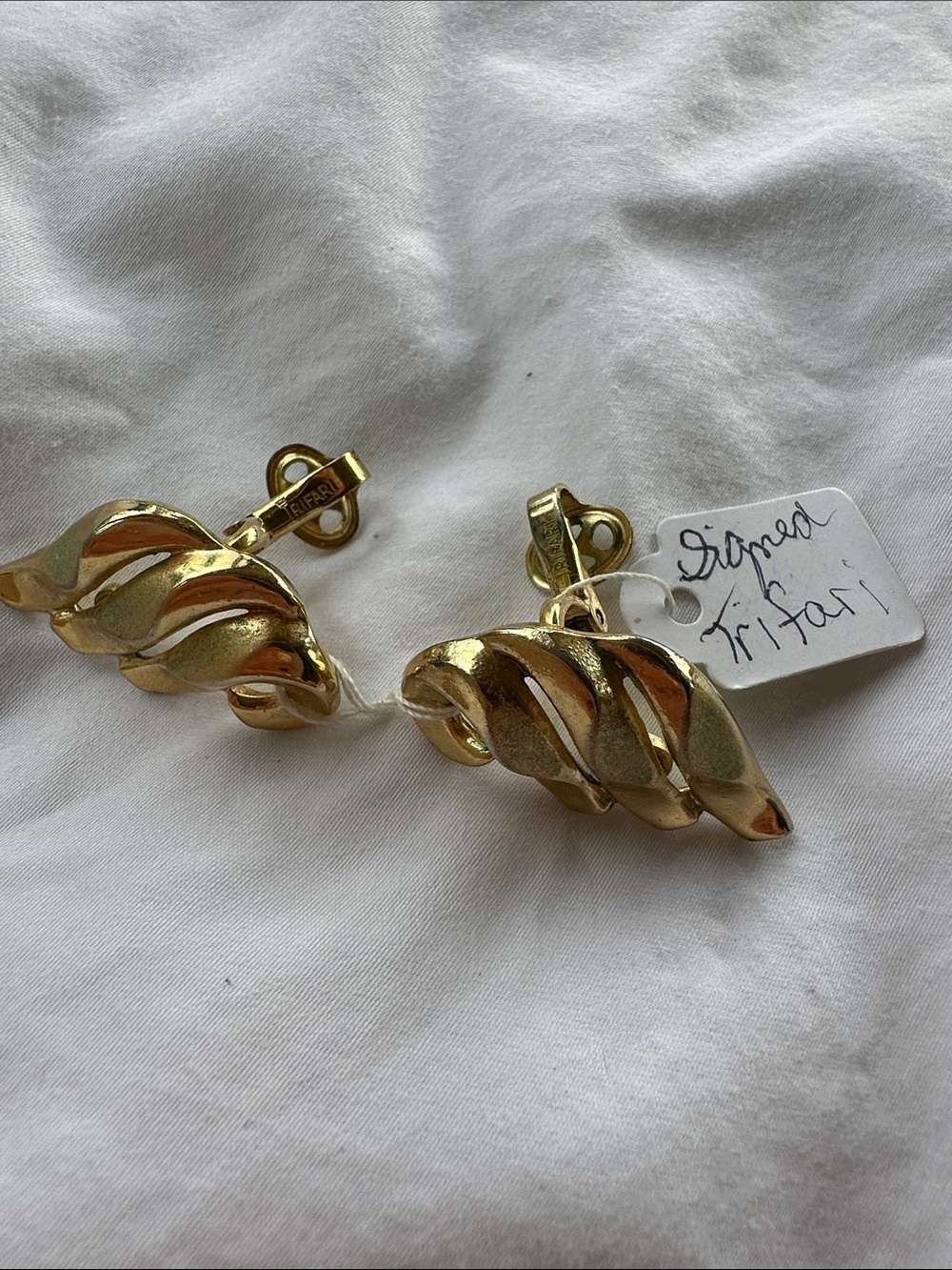 Vintage Signed Trifari Tone Twisted Clip-On Earrings - Women's Jewelry